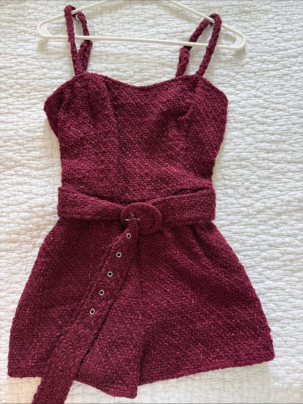 Tweed Burgundy Belted Romper